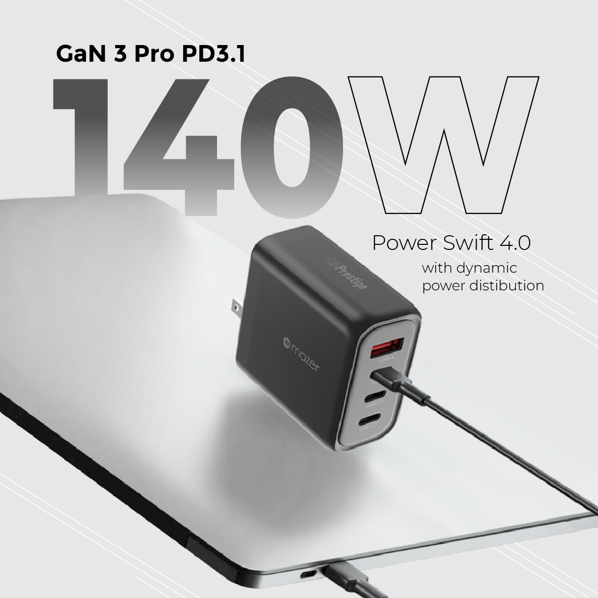 Mazer GAN Prestige 100W/140W Gan Charger 3xUSB-C + 1xUSB-A with Travel Pin