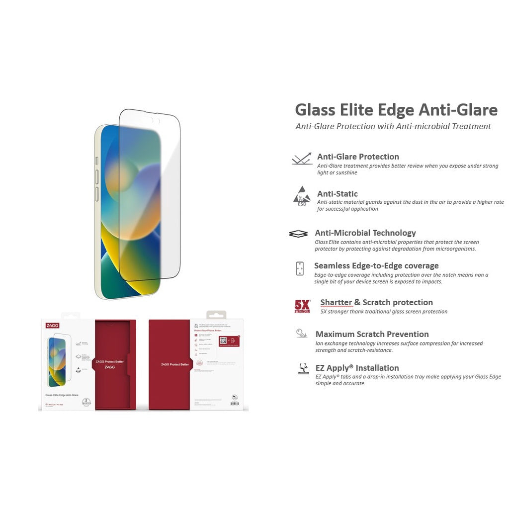 Zagg Glass Elite Edge Anti-Glare Series Screen Protector for iPhone 14 / 14 Plus / 14 Pro / 14 Pro Max