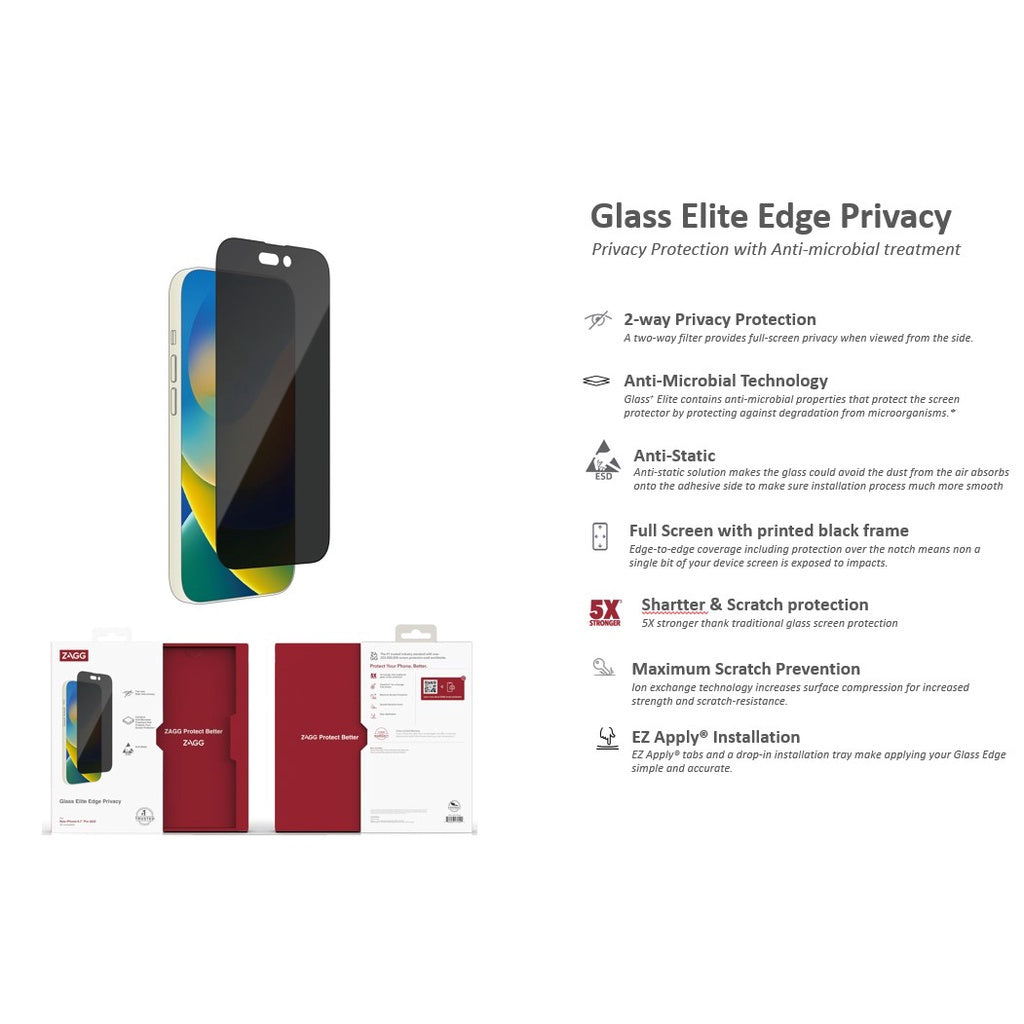 Zagg Glass Elite Edge Privacy Series Screen Protector for iPhone 14 / 14 Plus / 14 Pro / 14 Pro Max