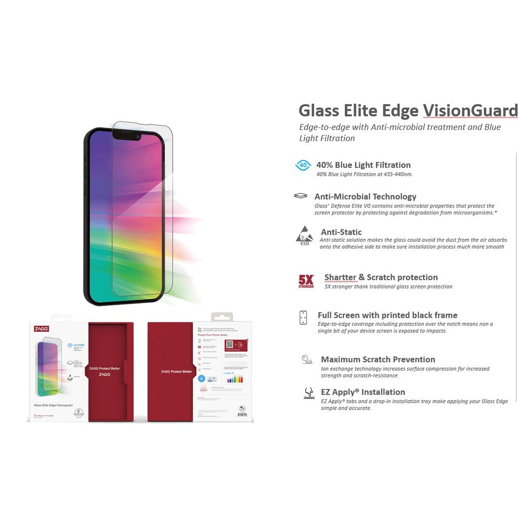 Zagg Glass Elite Edge-RPF30 VisionGuard Series Screen Protector for iPhone 14 / 14 Plus / 14 Pro / 14 Pro Max
