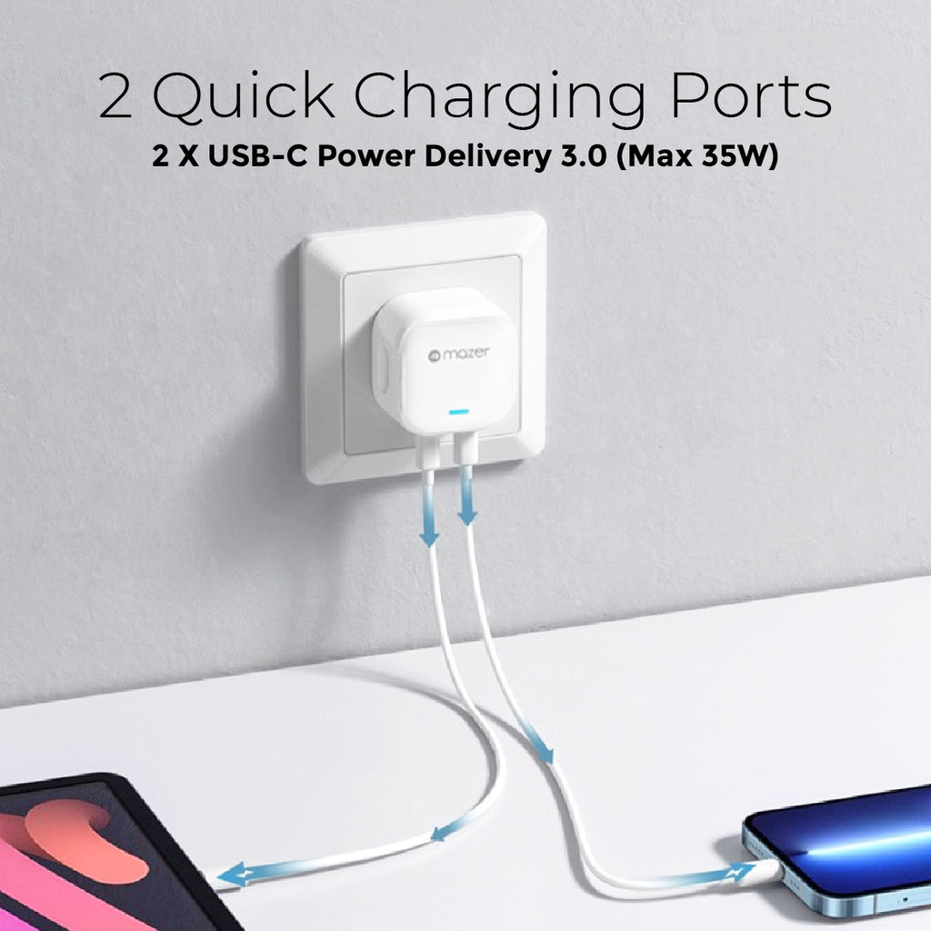 Mazer Gan Prestige 35W Wall Charger 2x USB-C ports | 2 Years Warranty