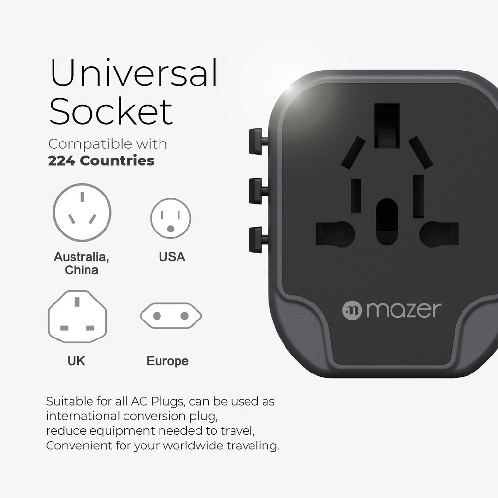 Mazer Infinite 12W/PD20W Travel Adapter with 2 USB-A/ 2 USB-A+1 USB-C World Travel Charger