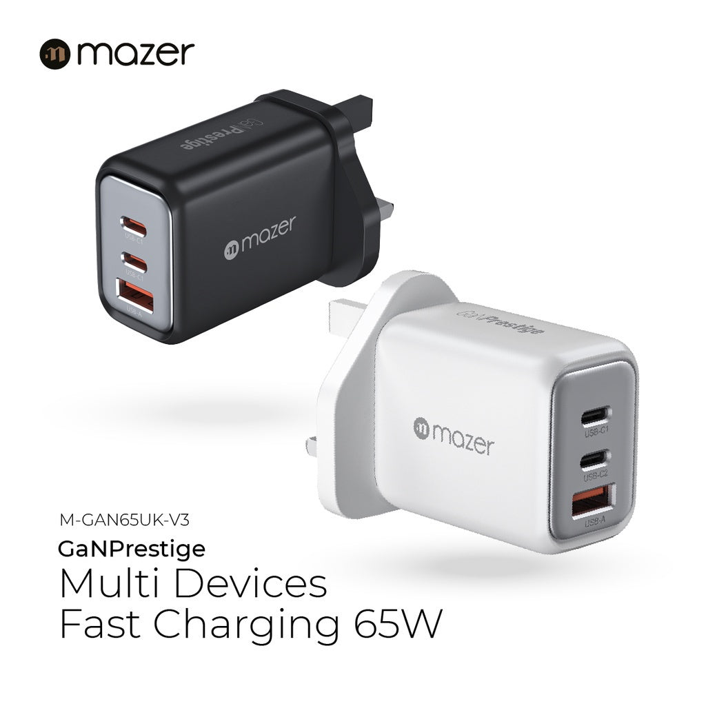 Mazer Infinite Boost 65W Power Delivery Wall Charger 2 USB-C and 1 USB-A ports | 2 Years Warranty