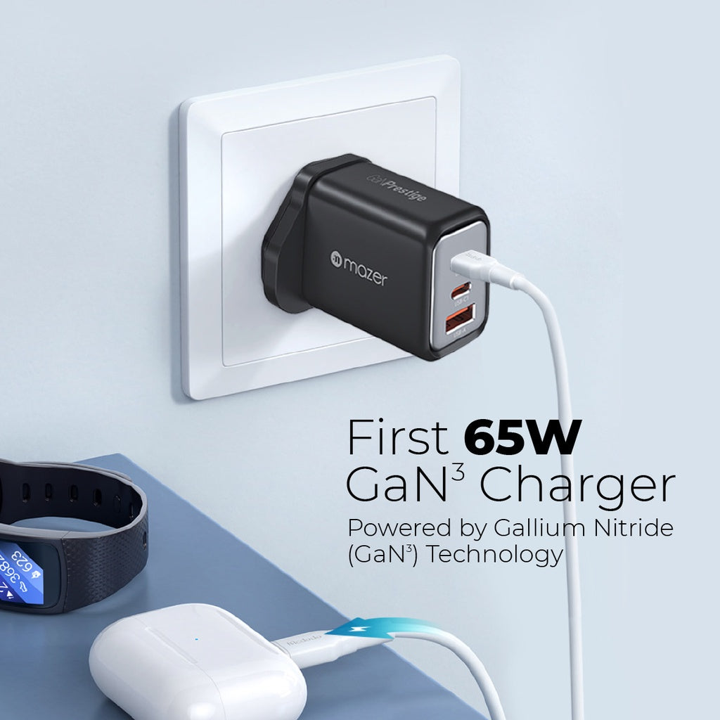 Mazer Infinite Boost 65W Power Delivery Wall Charger 2 USB-C and 1 USB-A ports | 2 Years Warranty