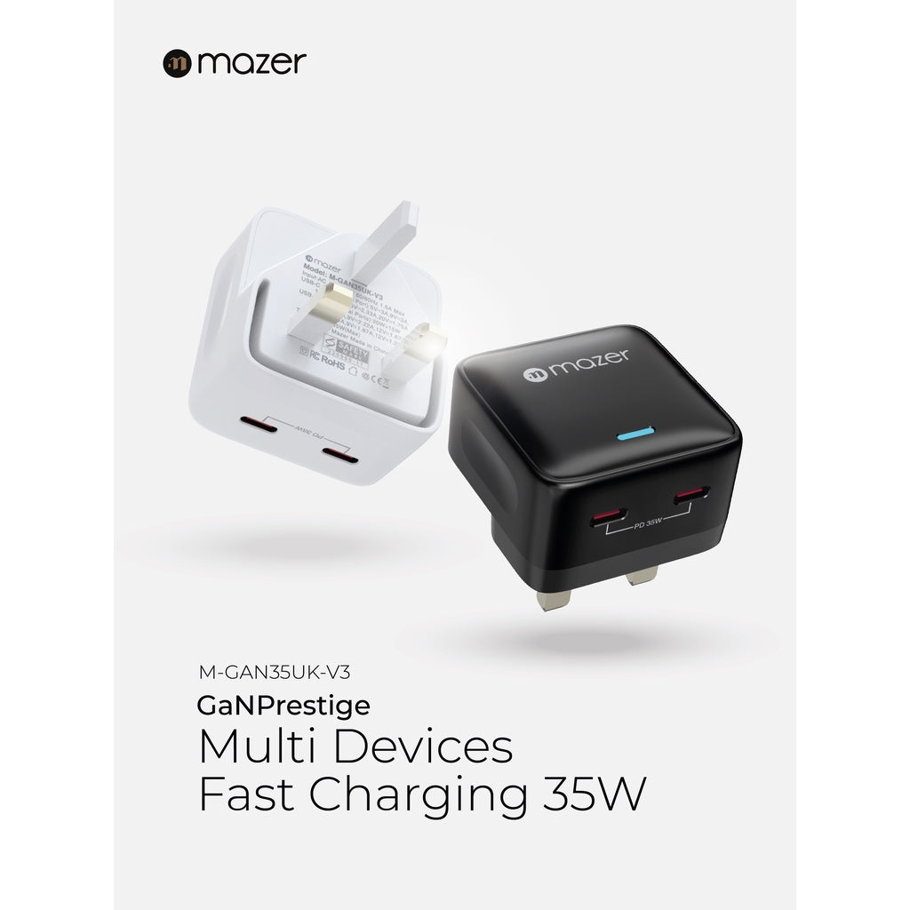 Mazer Gan Prestige 35W Wall Charger 2x USB-C ports | 2 Years Warranty