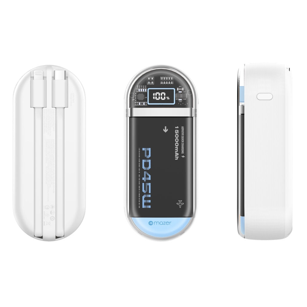 Mazer Power Charge Link Built-in MFI Lightning & USB-C Cable PD45W 15000mAh | 2 Years Warranty