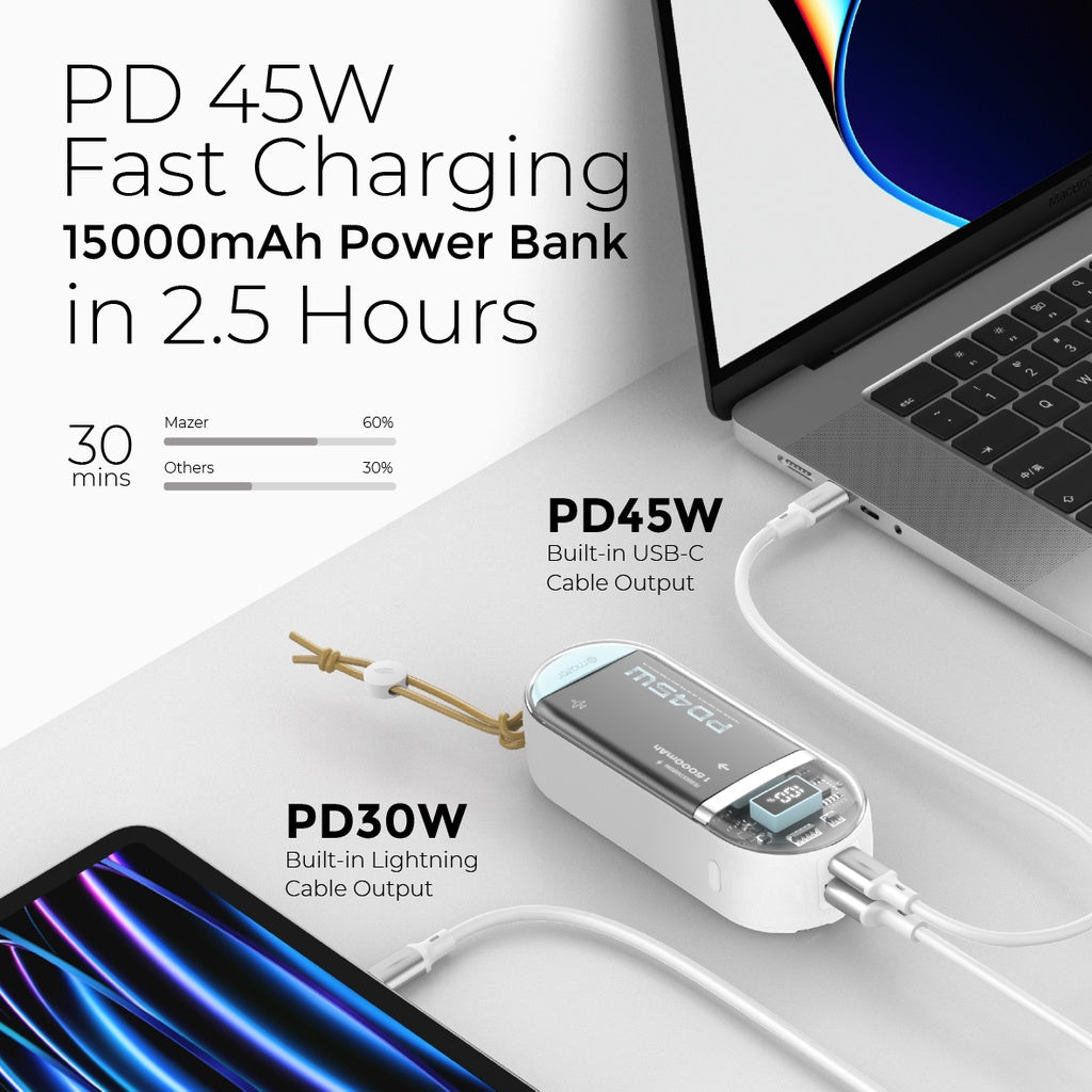 Mazer Power Charge Link Built-in MFI Lightning & USB-C Cable PD45W 15000mAh | 2 Years Warranty