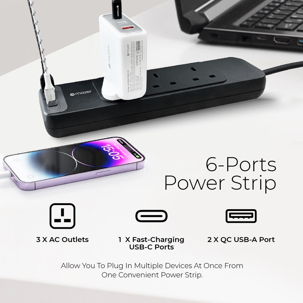 Mazer Power Strip with USB A + USB C Power Extension Socket Extension with 2M Power Cord | 2 Years Warranty