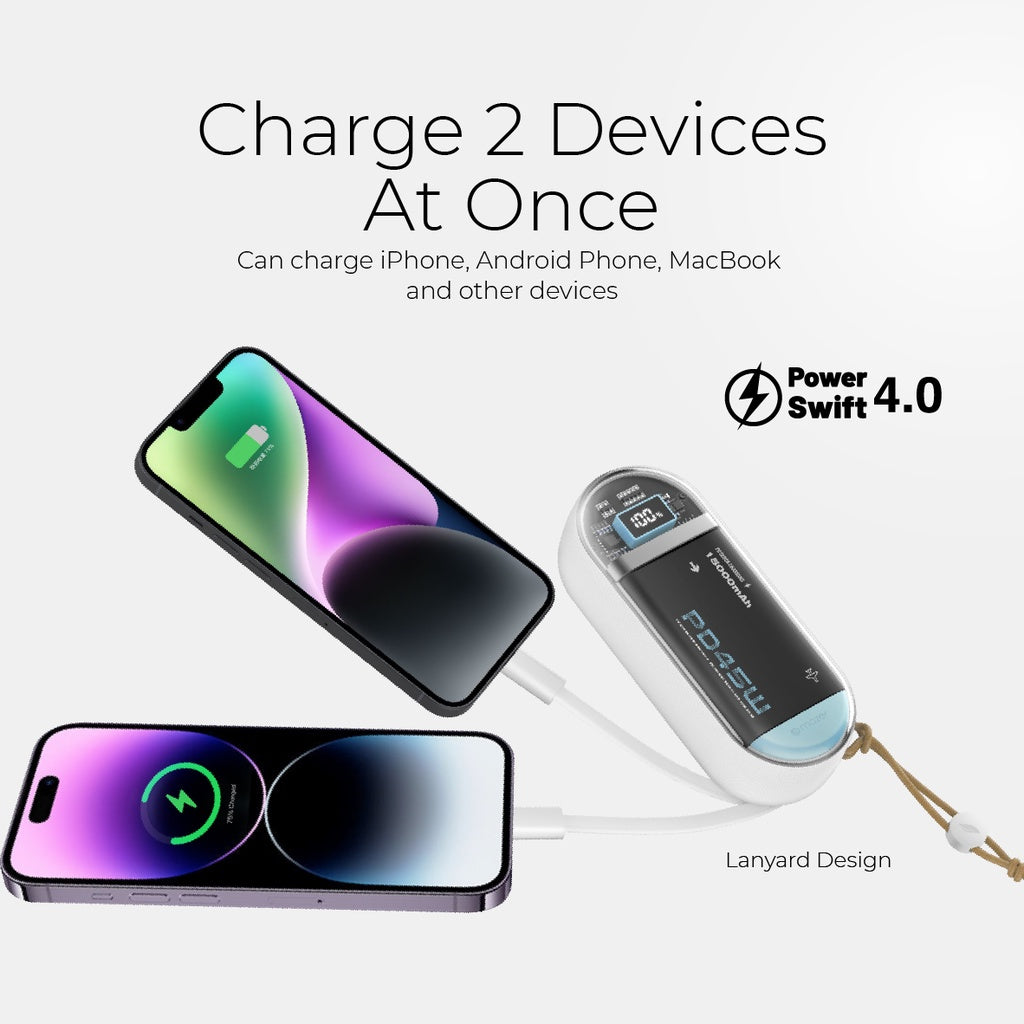 Mazer Power Charge Link Built-in MFI Lightning & USB-C Cable PD45W 15000mAh | 2 Years Warranty