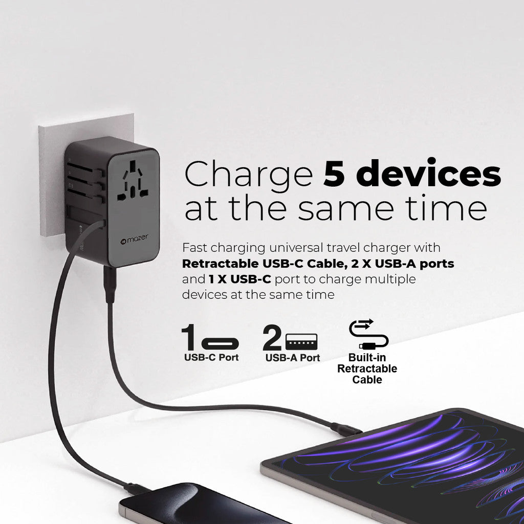 Mazer Infinite Universal Travel Adapter with 70W Fast Charging | 2 Years Warranty
