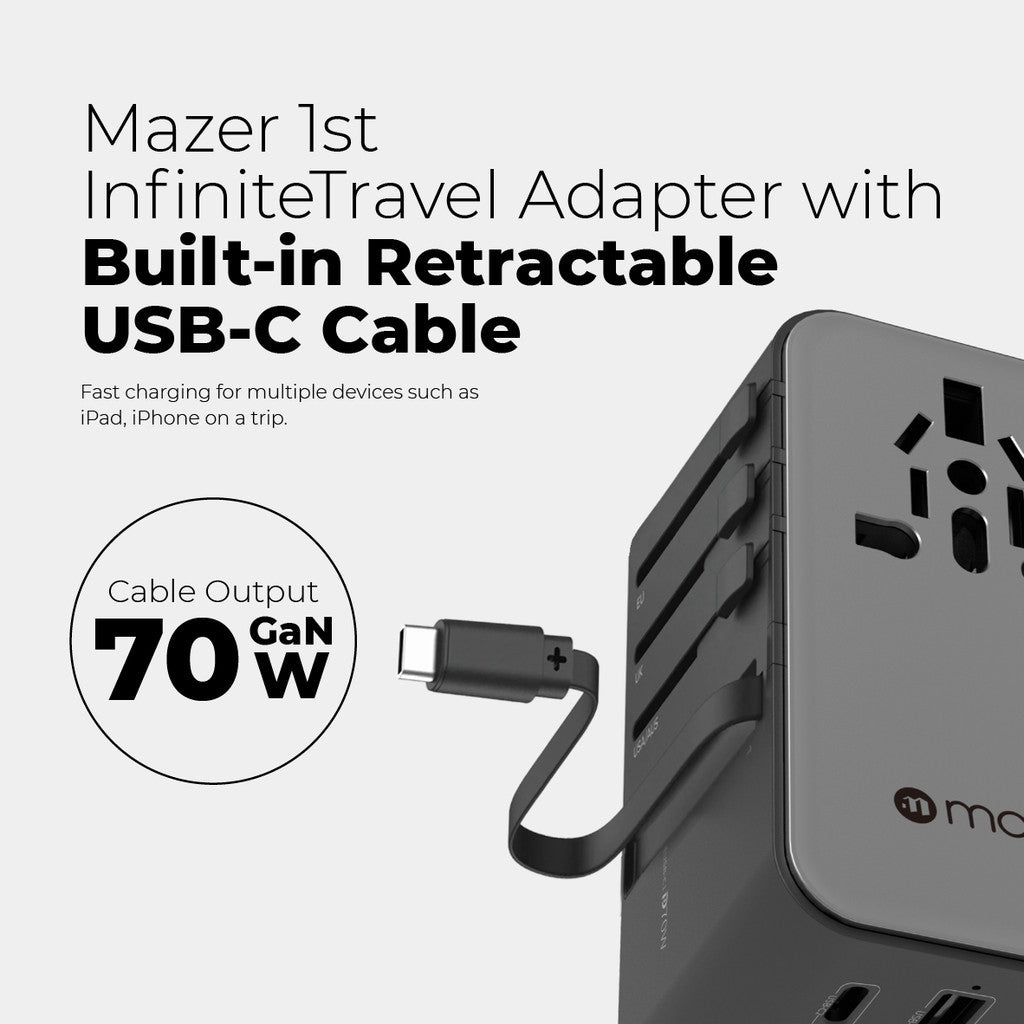Mazer Infinite Universal Travel Adapter with 70W Fast Charging | 2 Years Warranty