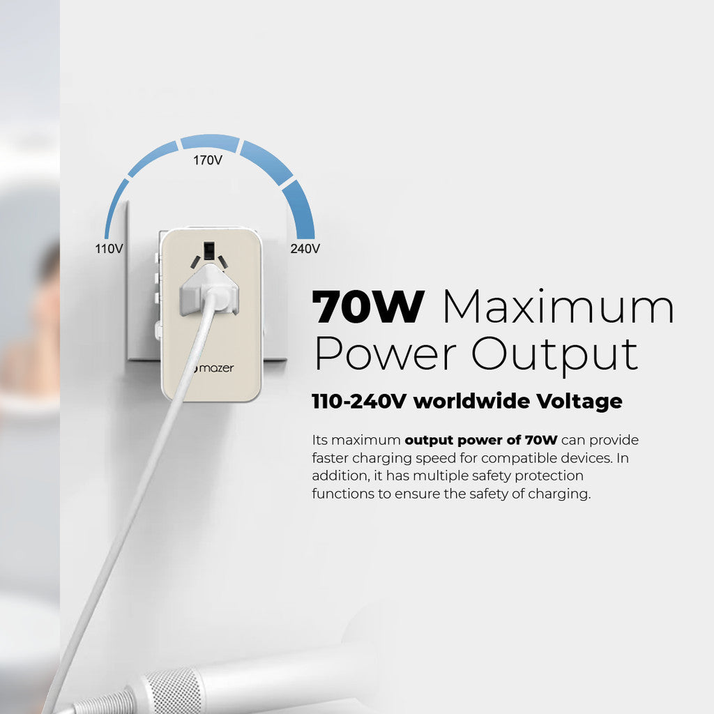 Mazer Infinite Universal Travel Adapter with 70W Fast Charging | 2 Years Warranty