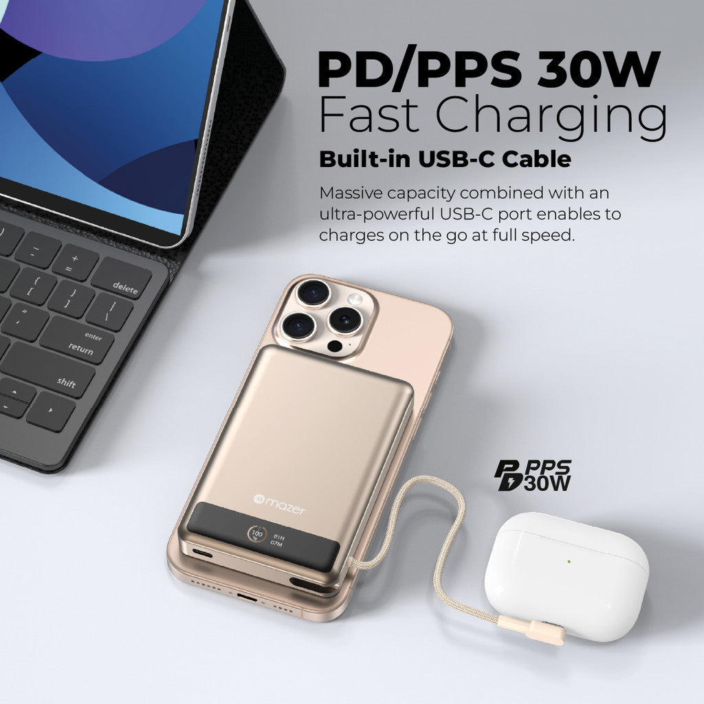 (CCC Certified) Mazer Powerbank Qi2 10000mAh Wireless Powerbank PD30W | USB-C Cable | Ai Display
