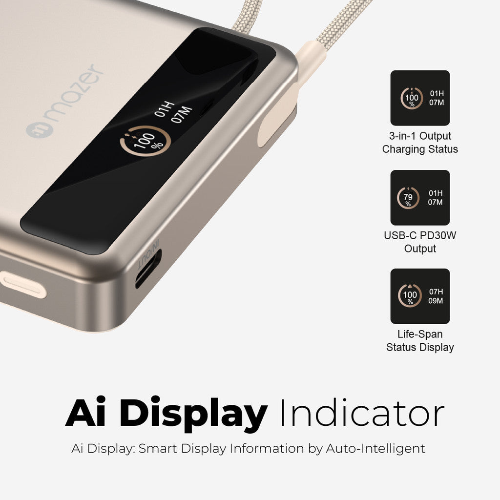 (CCC Certified) Mazer Powerbank Qi2 10000mAh Wireless Powerbank PD30W | USB-C Cable | Ai Display