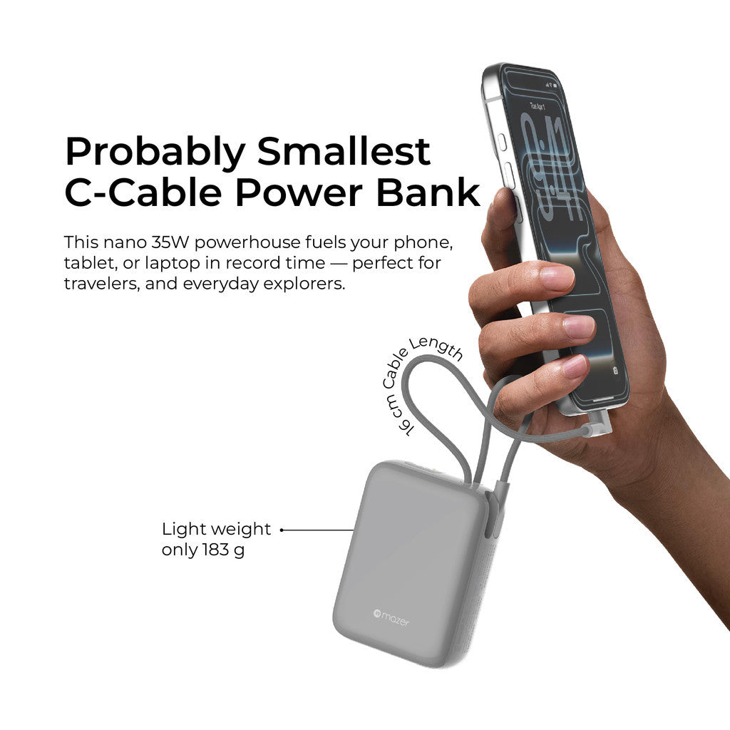 (CCC + QR) Mazer Powerbank 10000mAh PD35W PowerCharge Nano Power Bank with Dual Built-in USB-C Cable