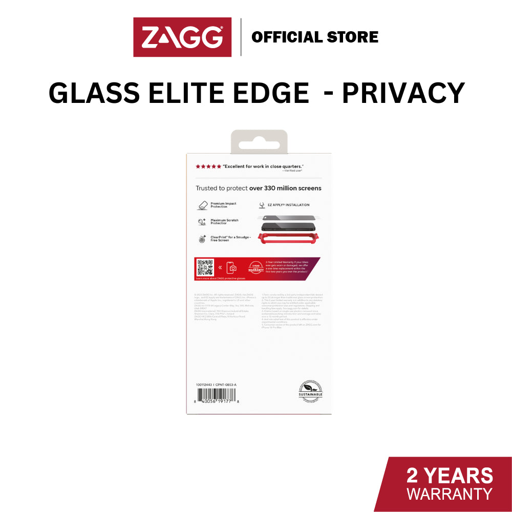 Zagg Glass Elite Edge Privacy Series Screen Protector for iPhone 15 / 15 Plus / 15 Pro / 15 Pro Max