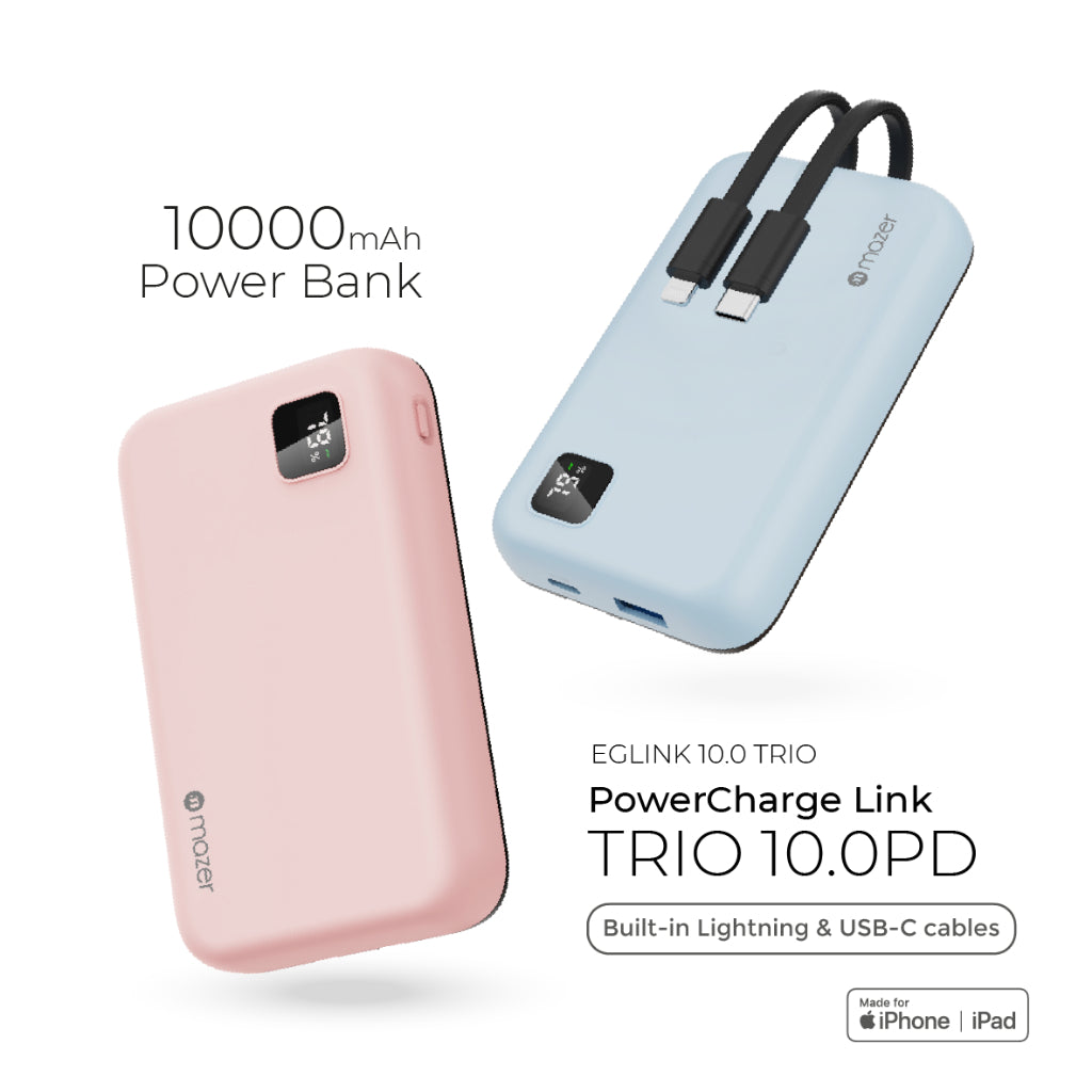 Mazer Infinite.Boost Power Link Trio 10K mAh Power Bank with Certified MFI Lightning & USB-C Cables | 2 Years Warranty