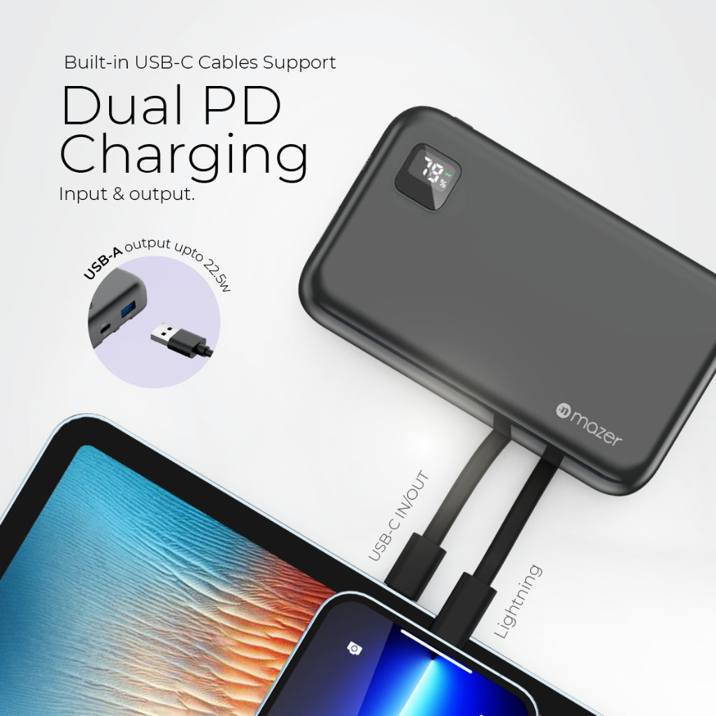 Mazer Infinite.Boost Power Link Trio 10K mAh Power Bank with Certified MFI Lightning & USB-C Cables | 2 Years Warranty