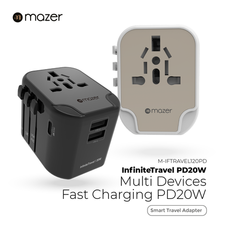 Mazer Infinite 12W/PD20W Travel Adapter with 2 USB-A/ 2 USB-A+1 USB-C World Travel Charger