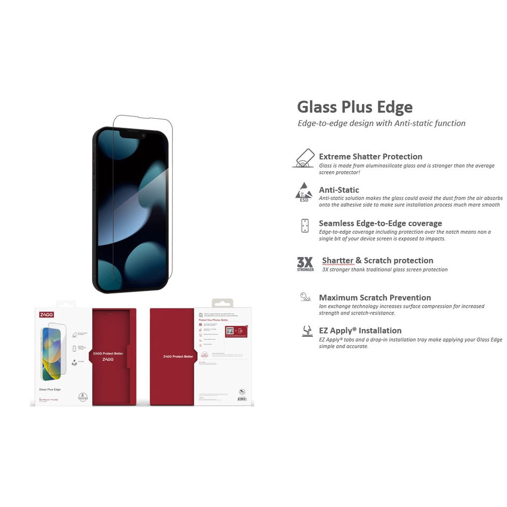 Zagg Glass Plus Edge Series Screen Protector for iPhone 14 / 14 Plus / 14 Pro / 14 Pro Max