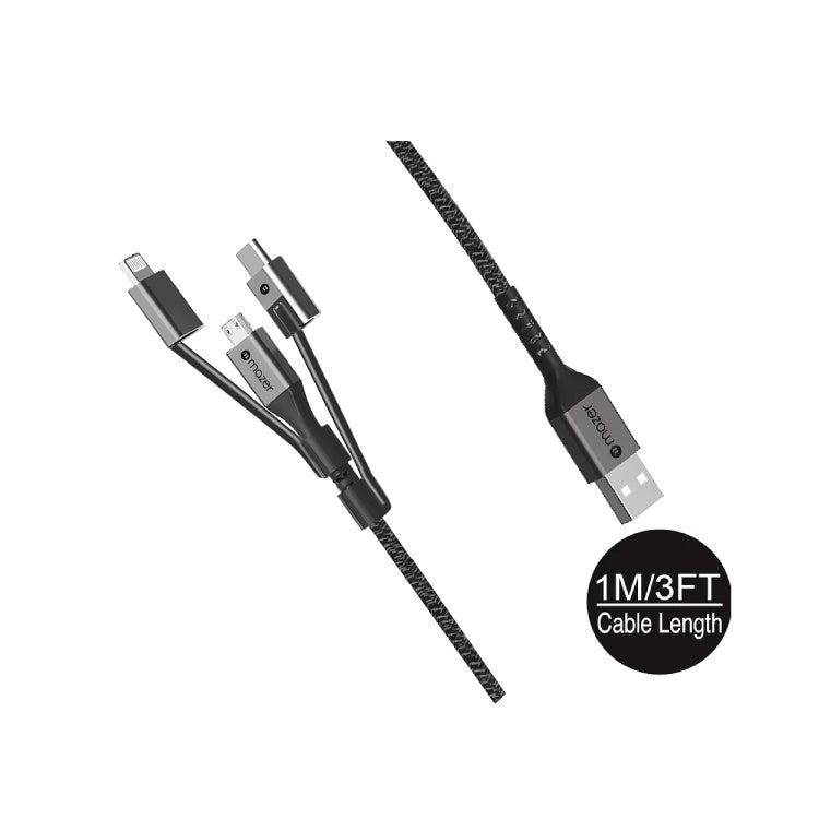 Mazer POWER.LINK II 3in1 USB to Lightning+Micro+USB-C 1.0M / 3.1A Fast Charging Cable-Black / 2 Years Warranty