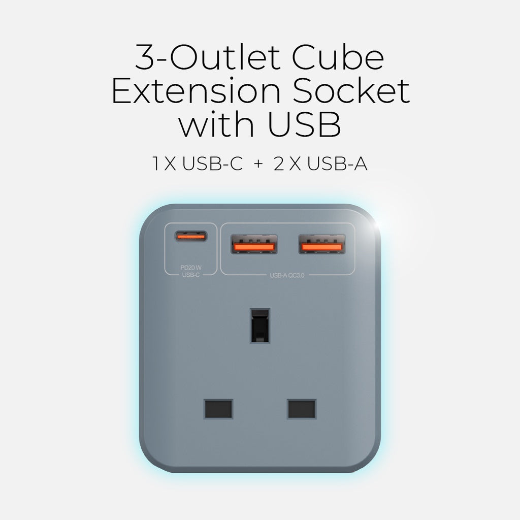 Mazer CubePlug with 3 sockets + 2A1C PD20W Wall Plugs and Charger | 2 Years Warranty