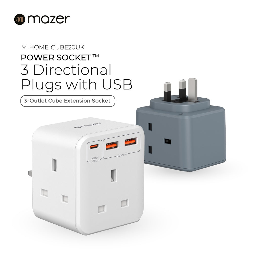 Mazer CubePlug with 3 sockets + 2A1C PD20W Wall Plugs and Charger | 2 Years Warranty