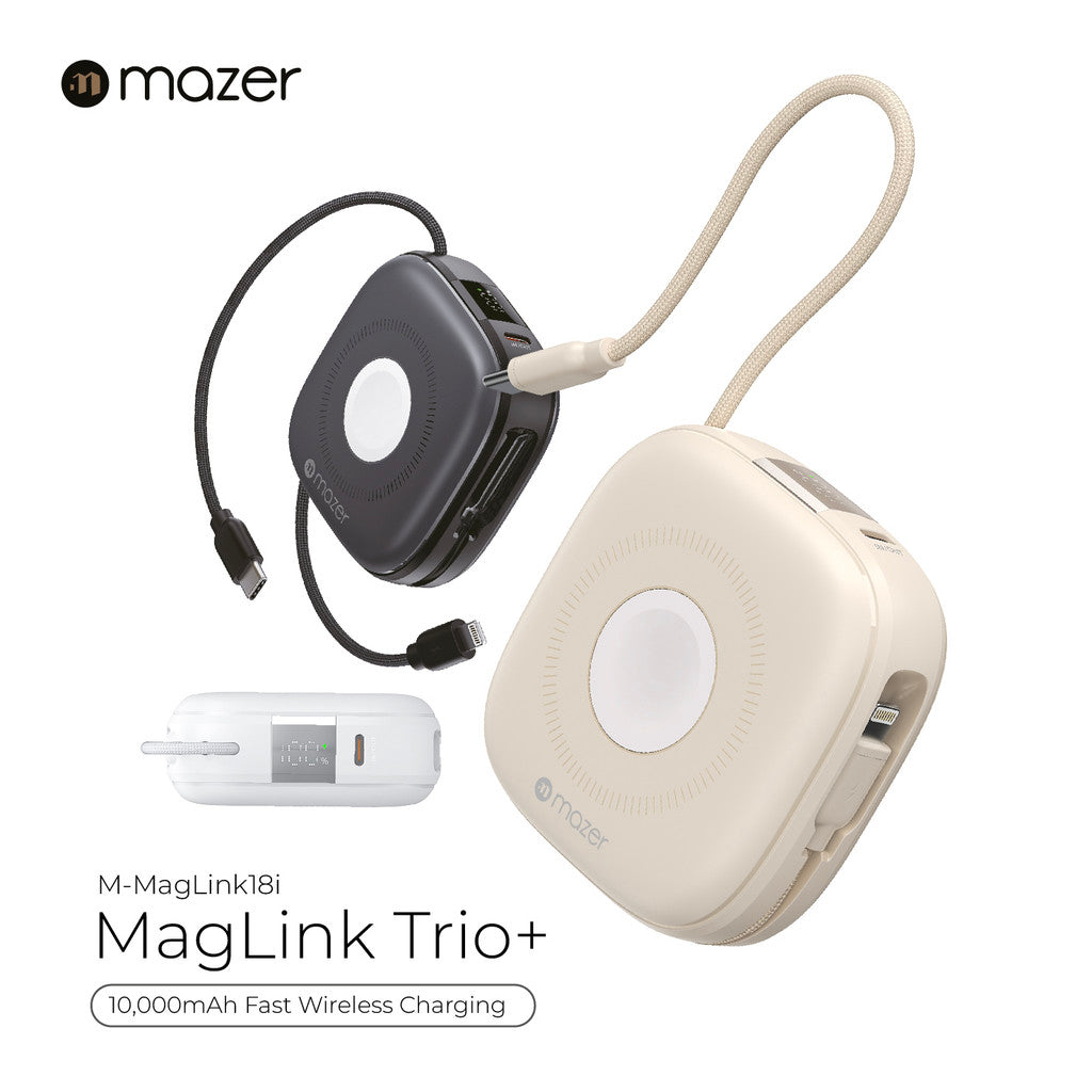 Mazer Powerbank MagLink Trio 10000mAh Built-in USB-C + Lightning Cable + Wireless Charging Powerbank