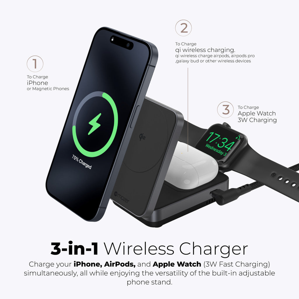 Mazer Wireless Charger Qi2 Certified Foldable Trio 3in1 / Duo+ 2in1 Magnetic Wireless Charger