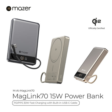 (CCC Certified) Mazer Powerbank Qi2 10000mAh Wireless Powerbank PD30W | USB-C Cable | Ai Display