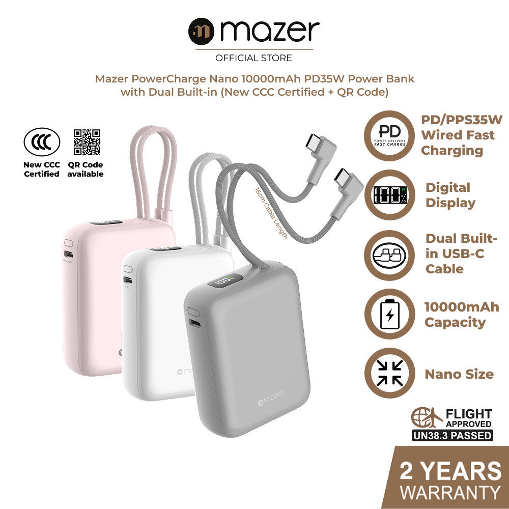 (CCC + QR) Mazer Powerbank 10000mAh PD35W PowerCharge Nano Power Bank with Dual Built-in USB-C Cable