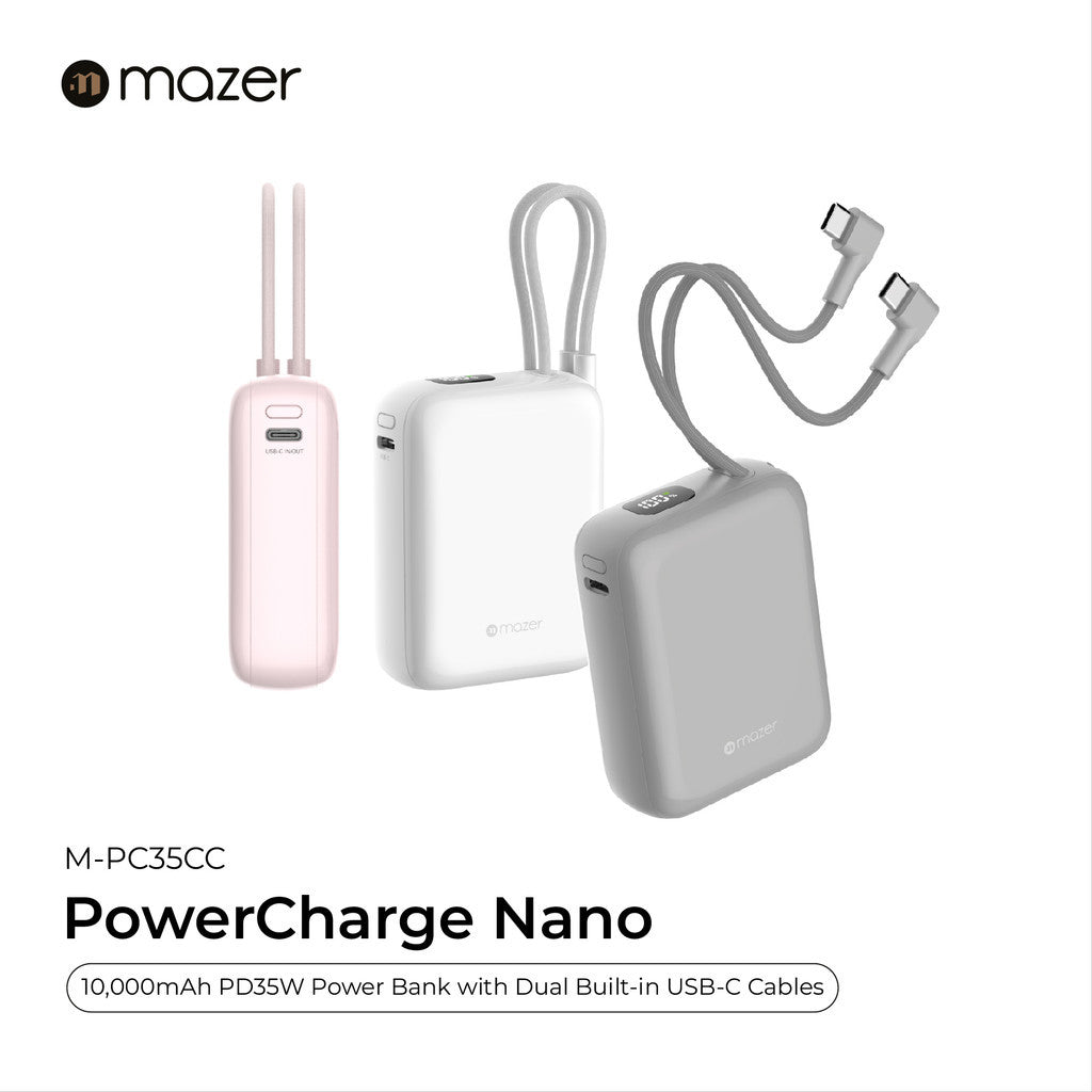 (CCC + QR) Mazer Powerbank 10000mAh PD35W PowerCharge Nano Power Bank with Dual Built-in USB-C Cable
