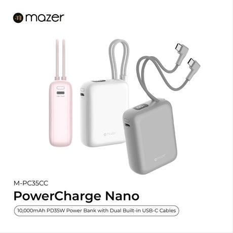 (CCC + QR) Mazer Powerbank 10000mAh PD35W PowerCharge Nano Power Bank with Dual Built-in USB-C Cable
