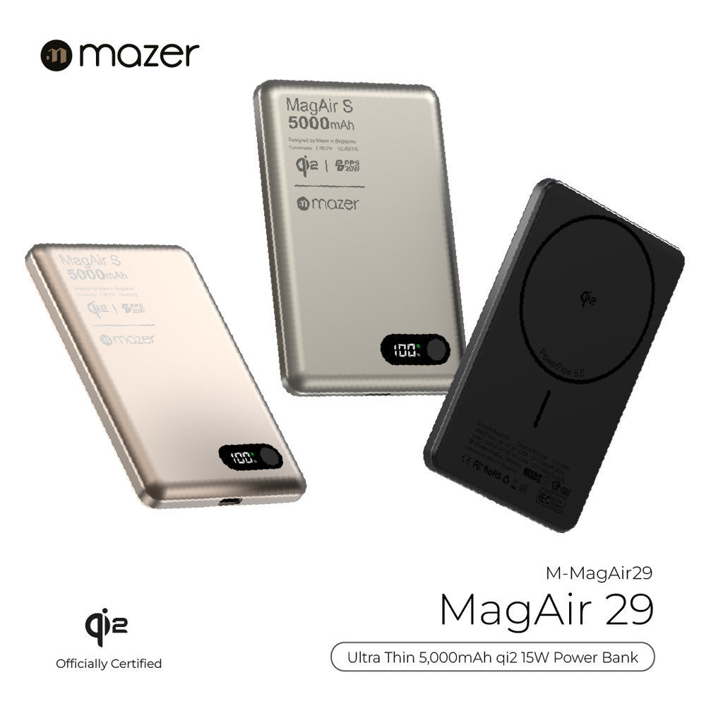 (CCC + QR Code) Mazer MagAir 29 Ultra-Thin 5000mAh Qi2 Certified Magnetic Wireless Power Bank