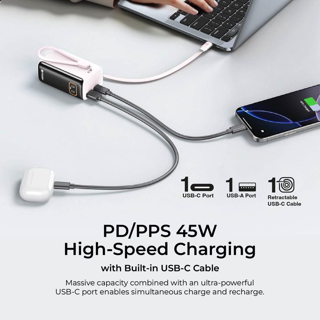 [New CCC Certified] Mazer 10000mAh Powerbank PD45W Fast Charging Built-in USB-C Cable Lanyard