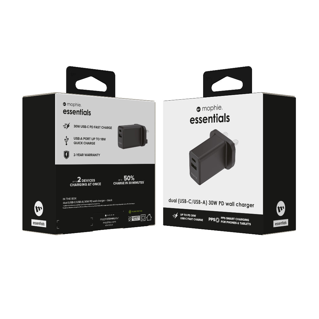 Mophie Essential PD 30W Dual (USB-C/USB-A) Wall Charger | 2 Years Warranty